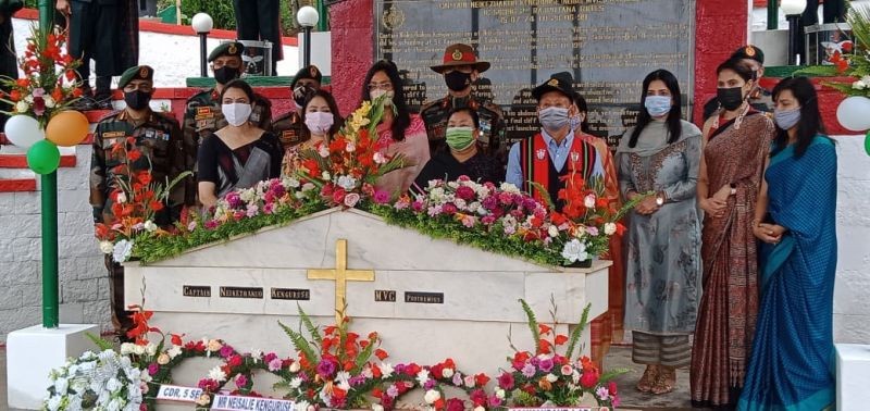 Neiselie Kenguruse, father of Late Captain Kenguruse,  Major General VPS Kaushik,  Inspector General  Assam Rifles (North) and others during the observance of the 22nd death anniversary of Captain (Late) N Kenguruse War Memorial at Phezha village on June 28.
